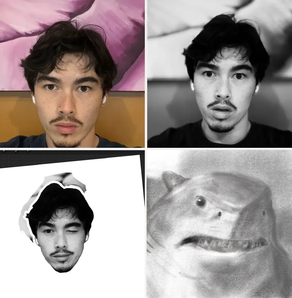 A four-panel grid of Jayden&rsquo;s making, including a charcoal shark he drew