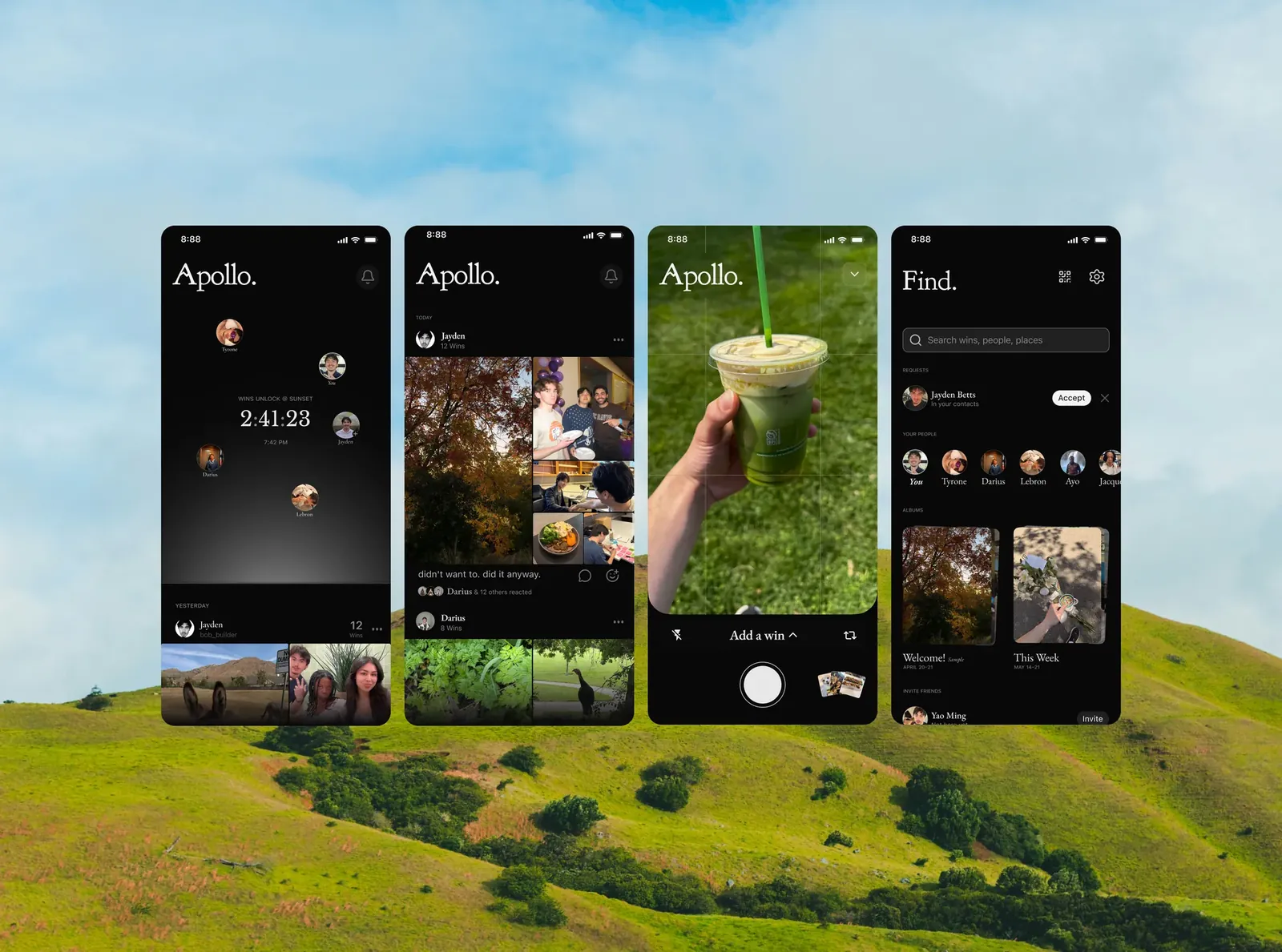 Apollo — a social app for celebrating wins, shown across four iOS screens over rolling hills