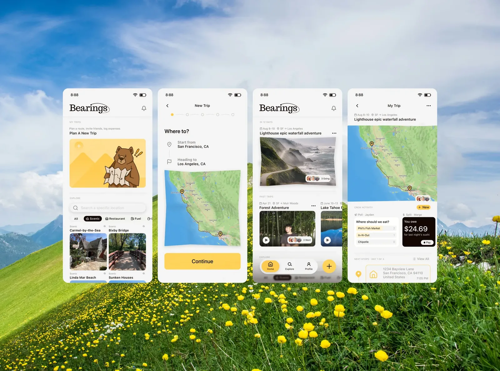 Bearings — a group road-trip planner shown across four iOS screens over a wildflower meadow
