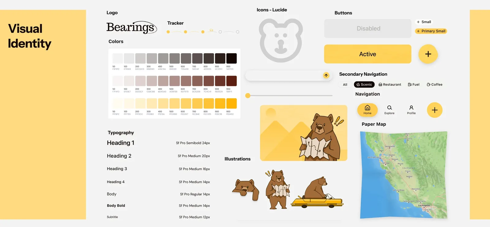 The Bearings visual identity board: the serif wordmark and its bear tracker, a three-ramp color system in grey, brown, and yellow with hex values, the type scale, Lucide icons, buttons, search, sliders, secondary and bottom navigation, hand-drawn bear illustrations, and the paper-map style.