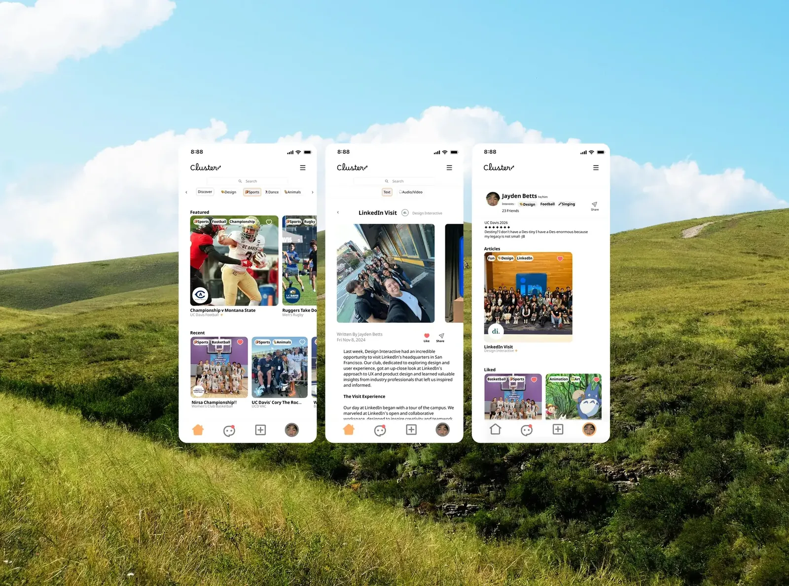 Cluster — a campus interest-and-clubs social app, shown across three iOS screens over a forest