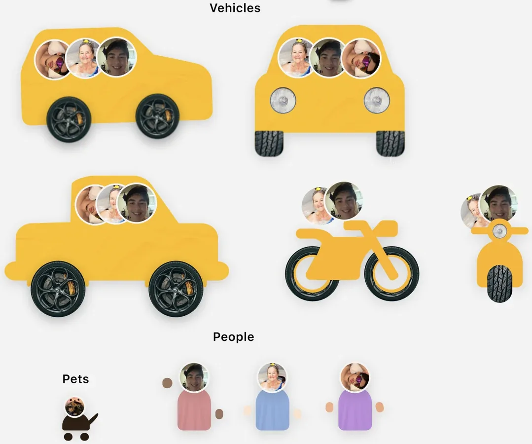 The paper-collage character set: hand-cut cars, a motorcycle and scooter, and people and pet avatars with photo faces.