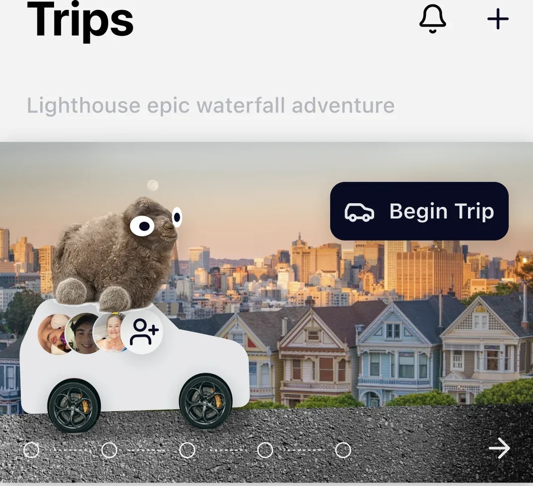 The paper-collage direction in the Trips screen: a plush bear riding a hand-cut car carrying the crew, over the Painted Ladies.