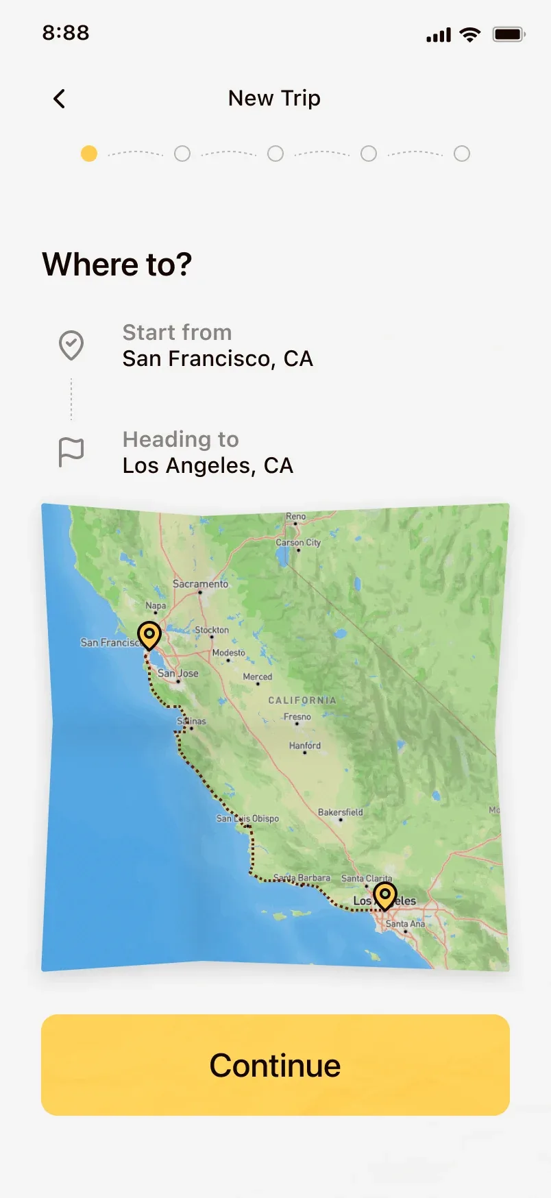 Step one: San Francisco to Los Angeles set on the paper map.