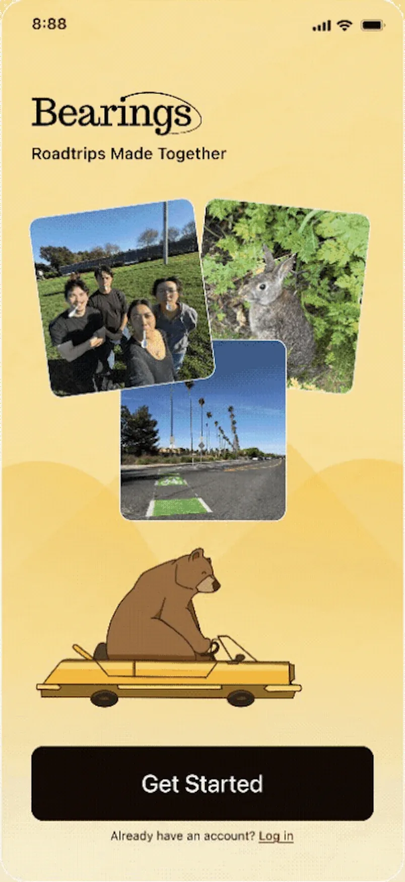 The Bearings welcome screen: Get Started under the line Roadtrips Made Together.