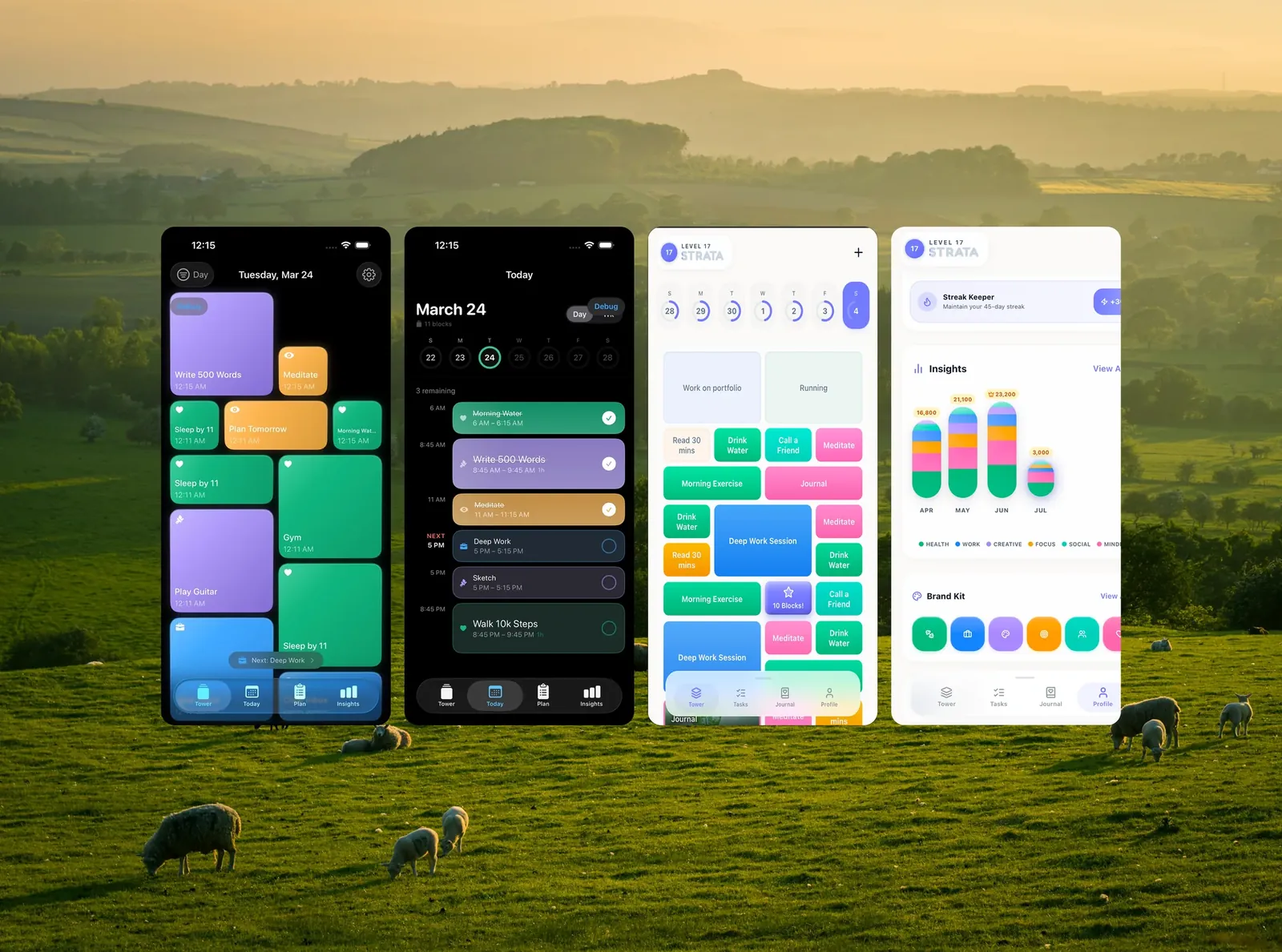 Strata — a gamified habit builder shown across three iOS screens over a green field