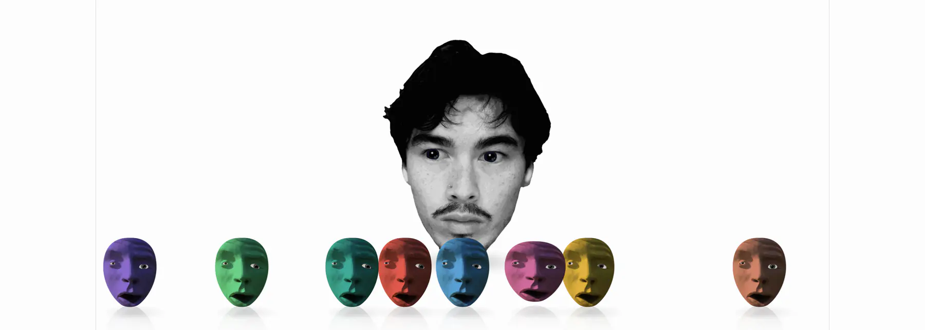 The lobby cast: eight coloured cut-out heads in a line under a large black and white portrait of Jayden.