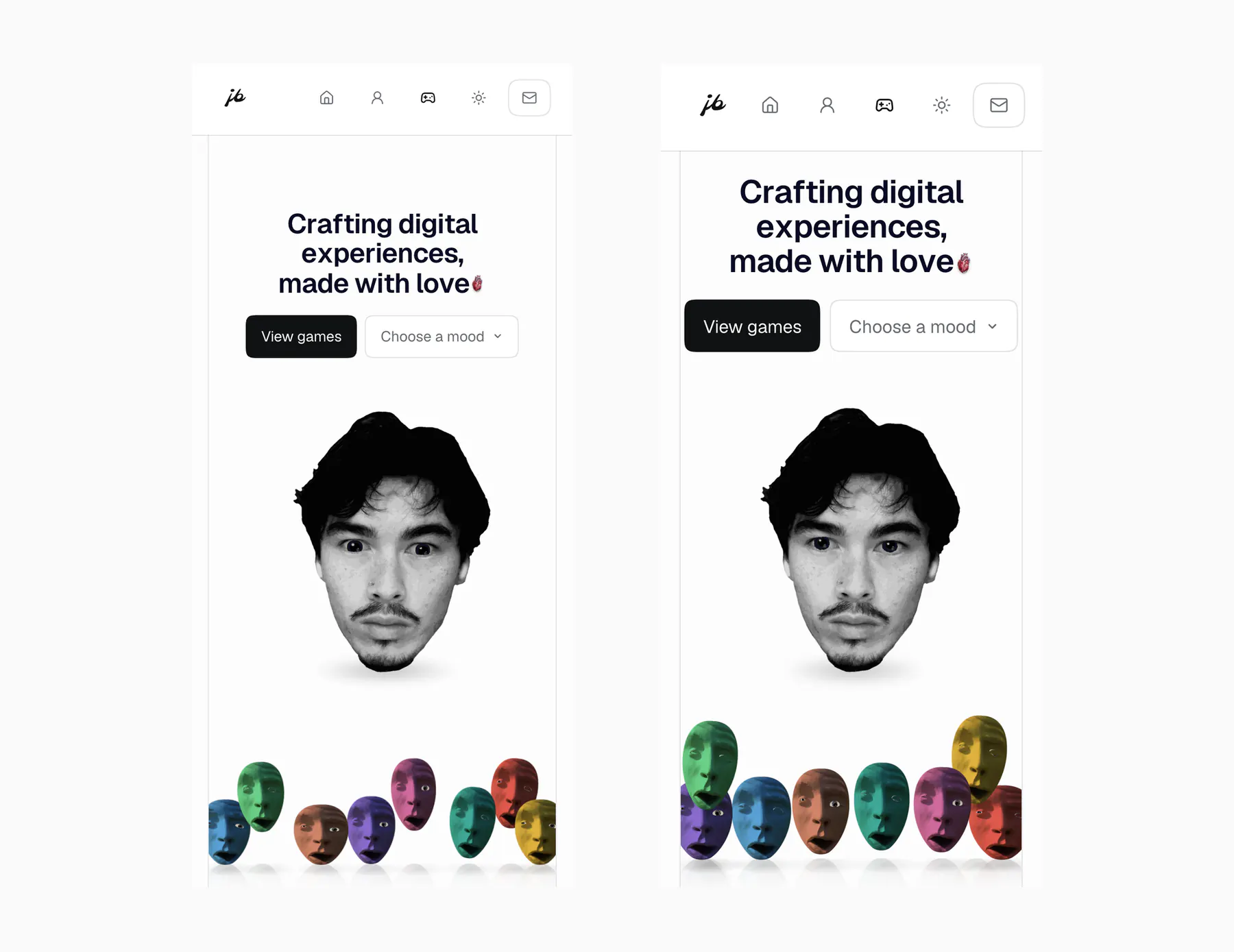 The Play page at 390 and at 320 pixels wide, the cast lined up under the headline at both.