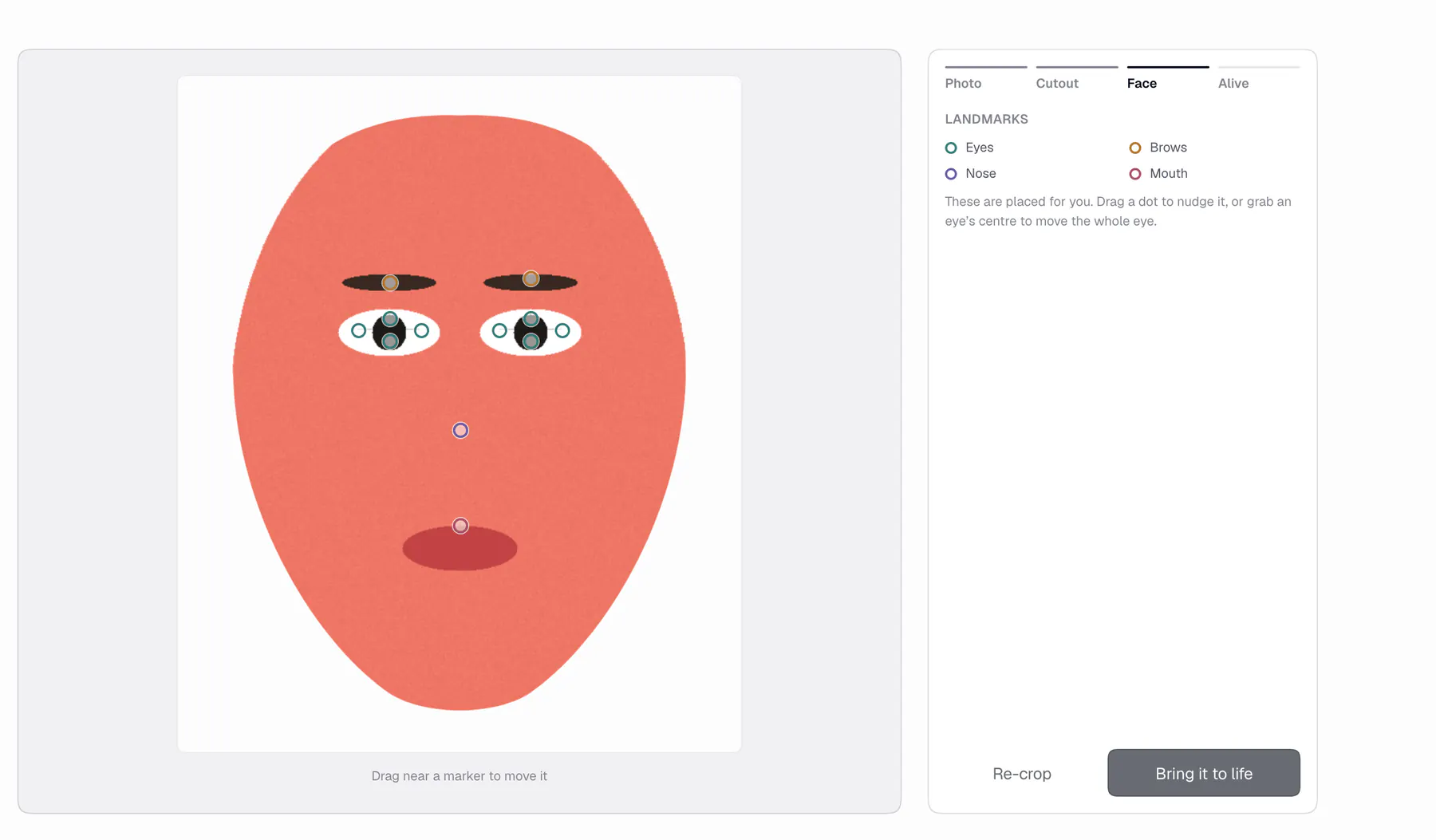 The Face step of Head Maker, with eye, brow, nose and mouth markers already placed and a short instruction beside them.