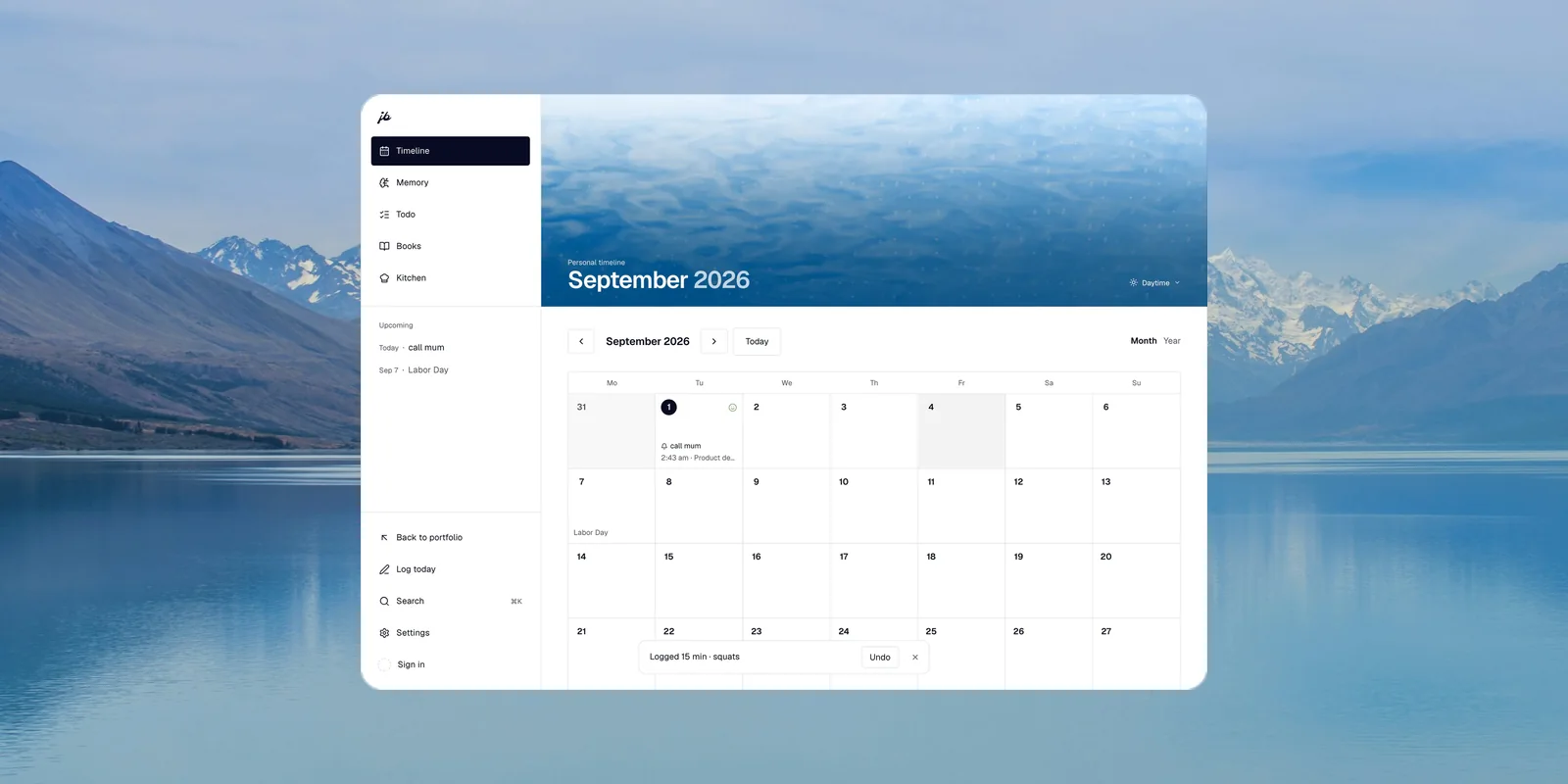 The Workspace timeline open on a month calendar, shown on a laptop.