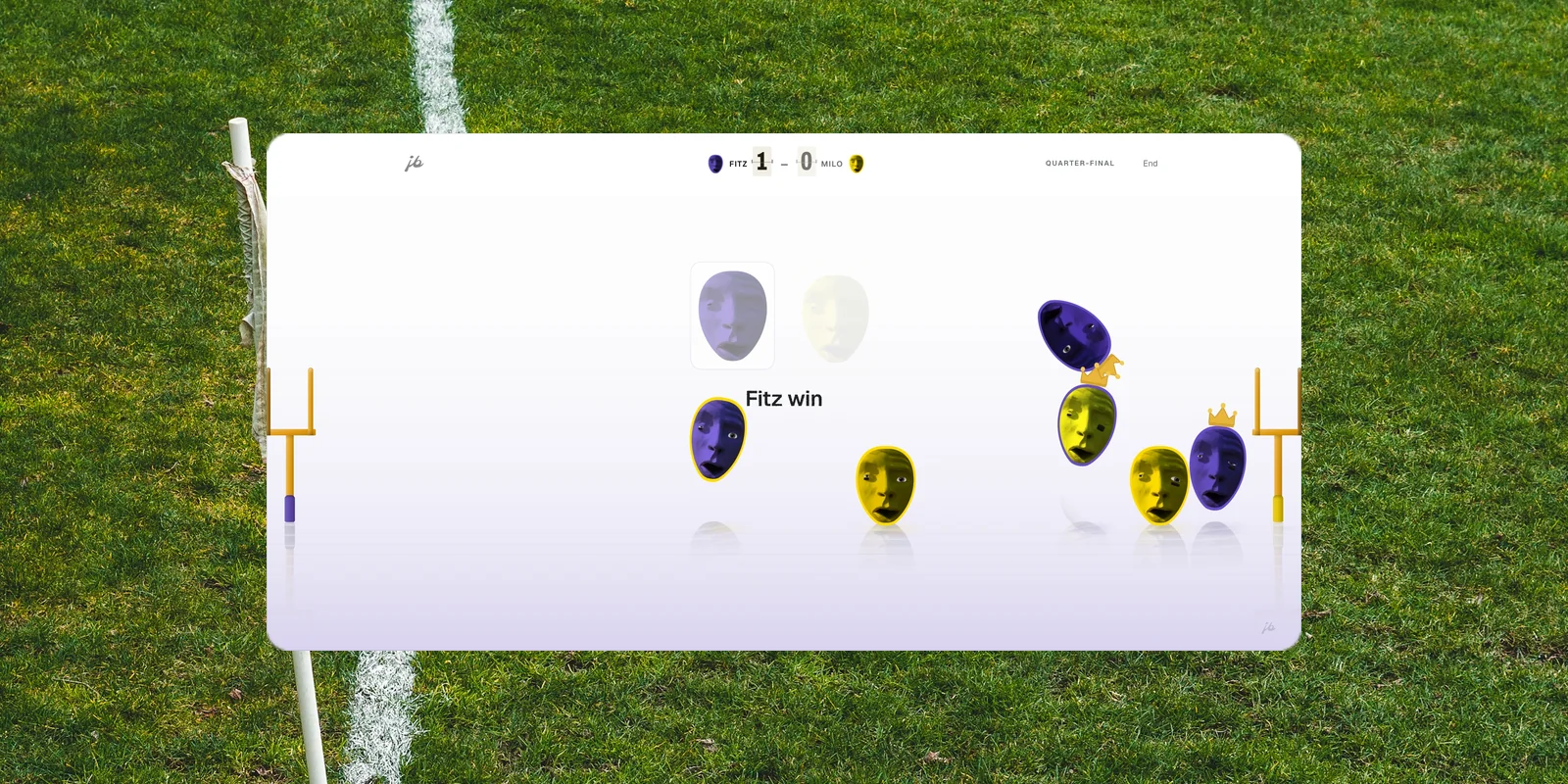 A head in a striped referee cap drops the ball in at kickoff, with cut-out heads waiting on the pitch below and a set of uprights at each end.