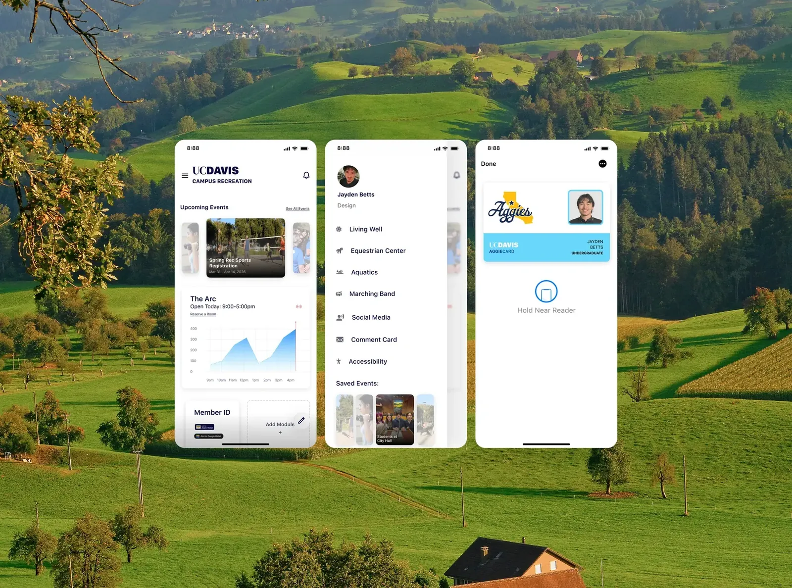 UC Davis Rec app redesign — the redesigned home screen with events, live hours, and a Member ID